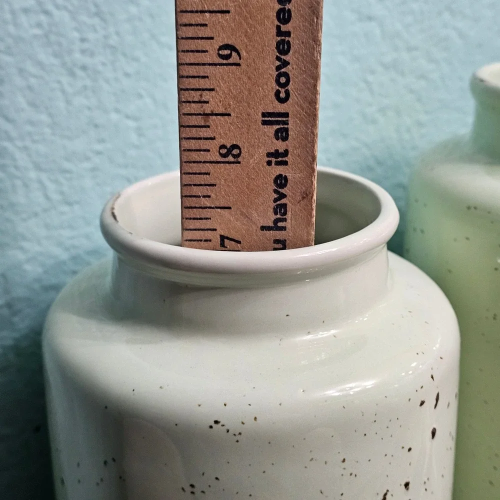 Pier 1 Imports Mint Green Speckled Ceramic Canister Set Wood Lids Farmhouse